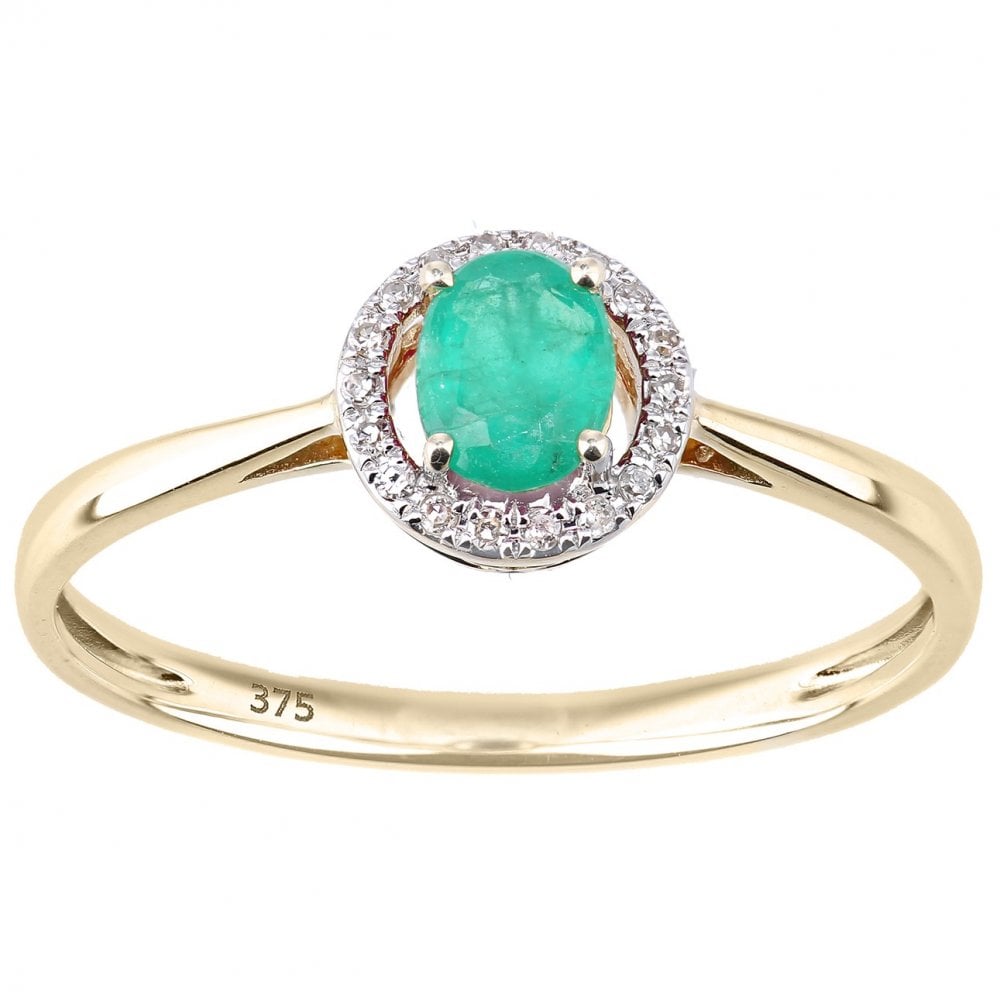 9ct Yellow Gold 0.35 Carat Emerald and Diamond Halo Ring