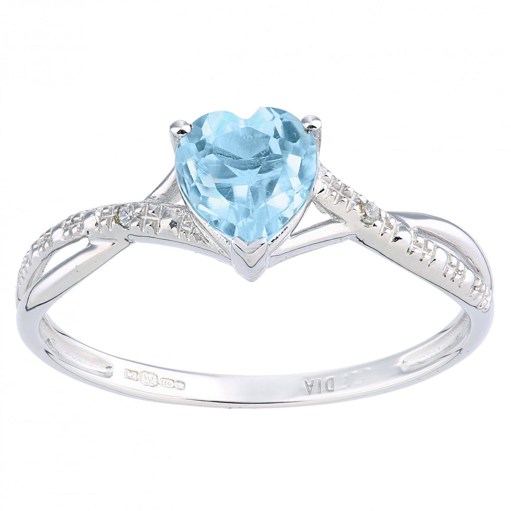 9ct White Gold Heart Blue Topaz & Diamond Ring