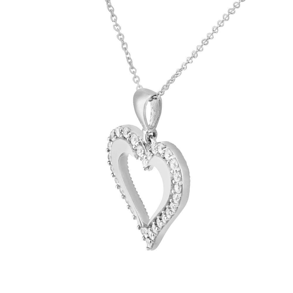 9ct White Gold Cubic Zirconia Open Heart Pendant Necklace