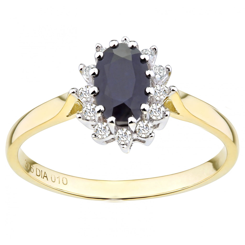 0.89 Ct Oval Natural Blue Sapphire and Diamond Victorian Halo Ring in 9ct Yellow Gold