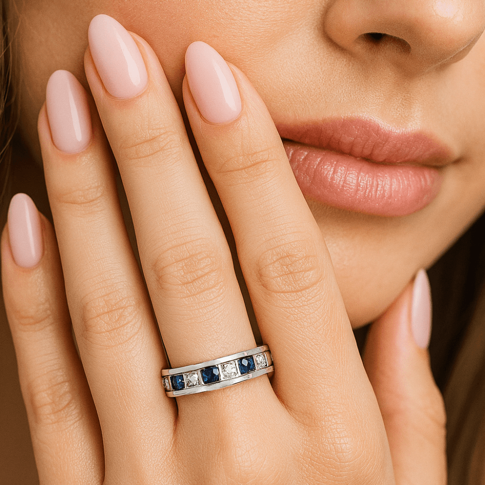 Round Brilliant Sapphire and 0.025ct Diamonds 9ct Eternity Ring