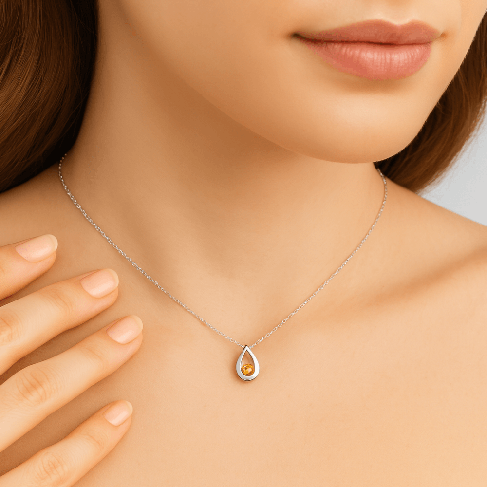 9ct White Gold Citrine Open Drop Necklace