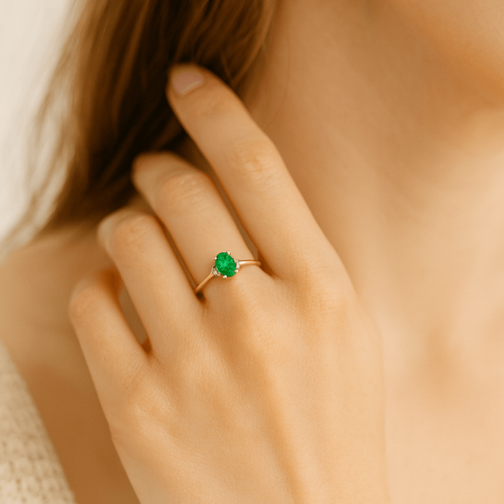 9ct Yellow Gold 0.38ct Oval Emerald and Cubic Zirconia Solitaire Ring