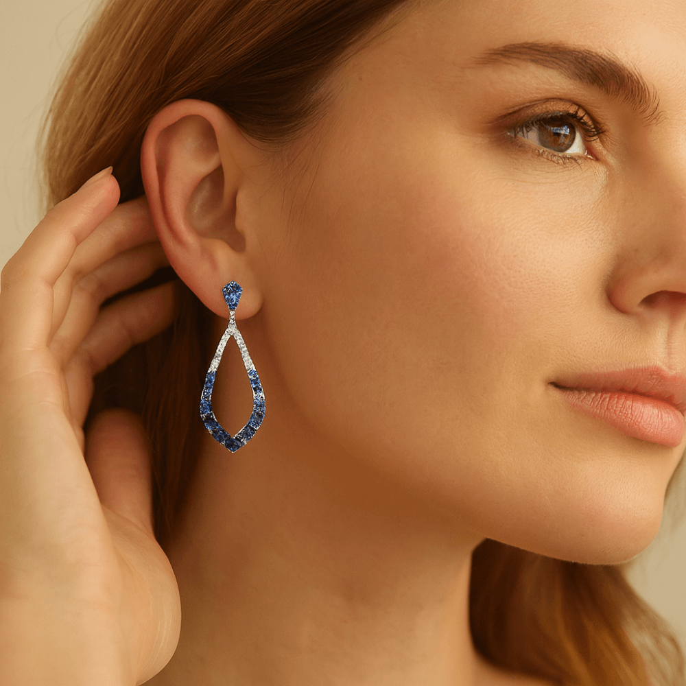 0.9 Ct Natural Blue Sapphire and Diamond Drop Earrings in 18ct White Gold