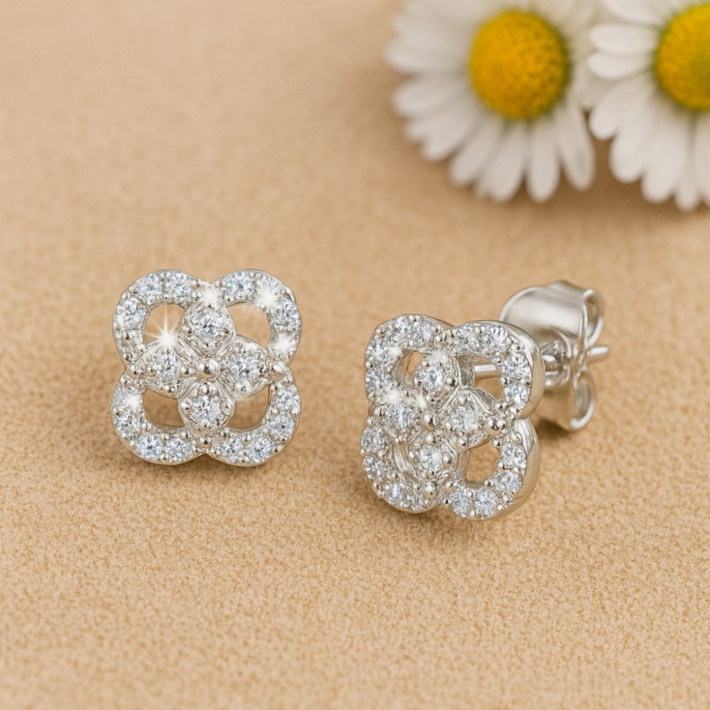 9ct White Gold 0.15 Carat Natural Diamond Flower Stud Earrings