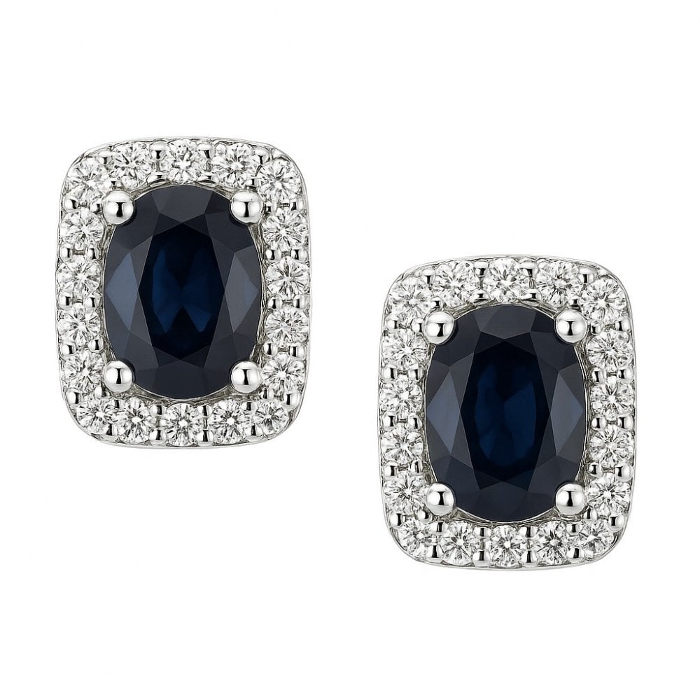 0.53 Ct Oval Natural Blue Sapphire and Diamond Halo Stud Earrings in 9ct White Gold