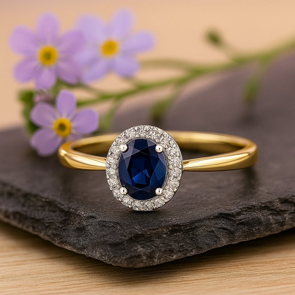 0.5 Ct Oval Natural Blue Sapphire and Diamond Halo Ring in 9ct Yellow Gold