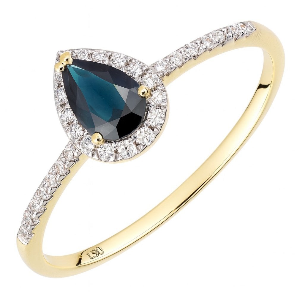 0.6 Ct Pear Natural Blue Sapphire and Diamond Solitaire Halo Ring in 18ct Yellow Gold