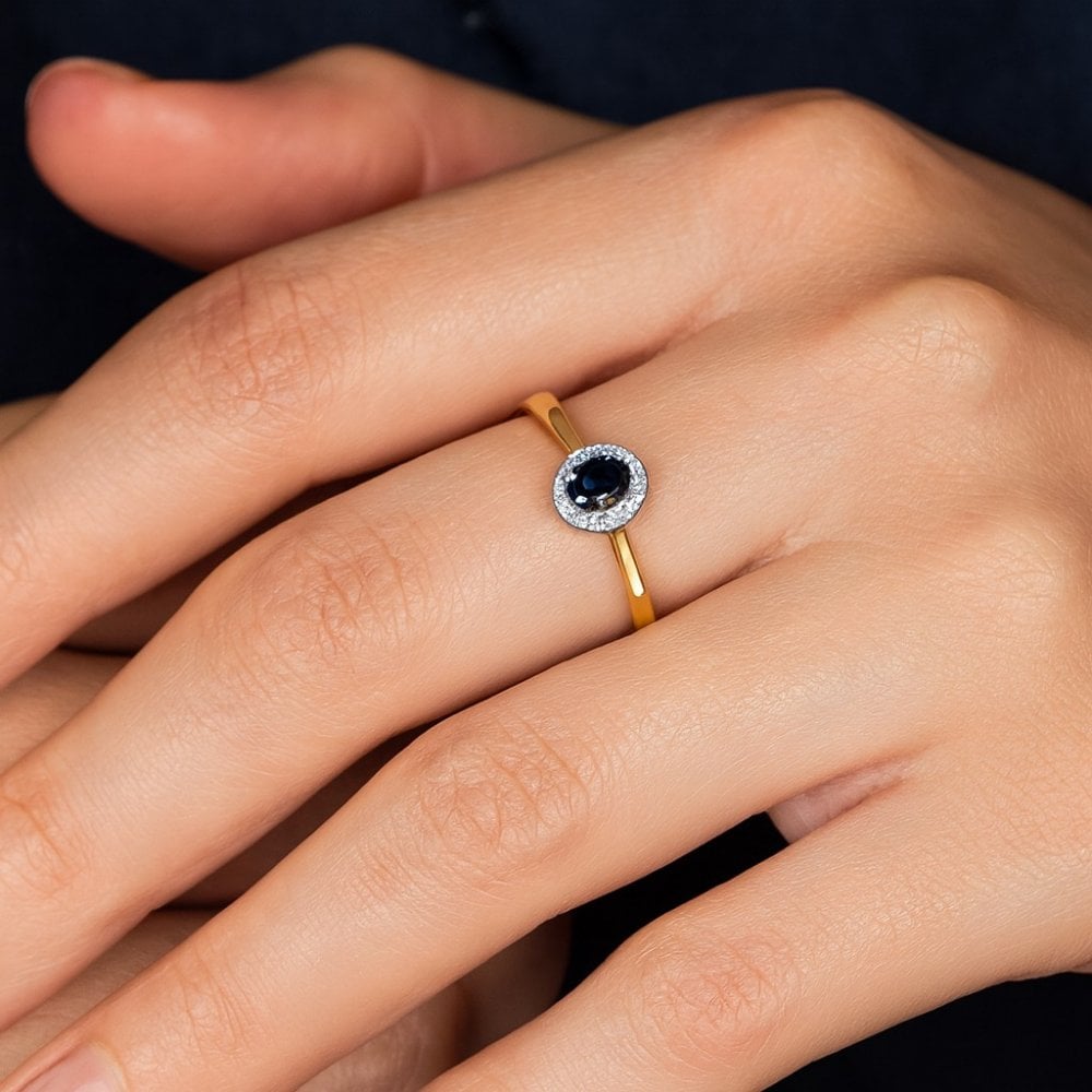 0.5 Ct Oval Natural Blue Sapphire and Diamond Halo Ring in 9ct Yellow Gold