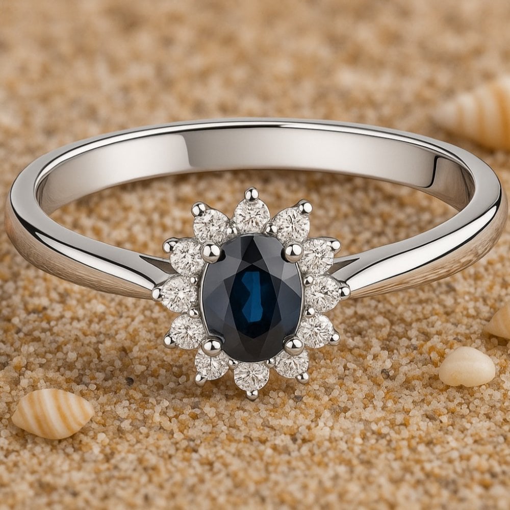 0.8 Ct Oval Natural Blue Sapphire and Diamond Solitaire Halo Ring in 18ct White Gold