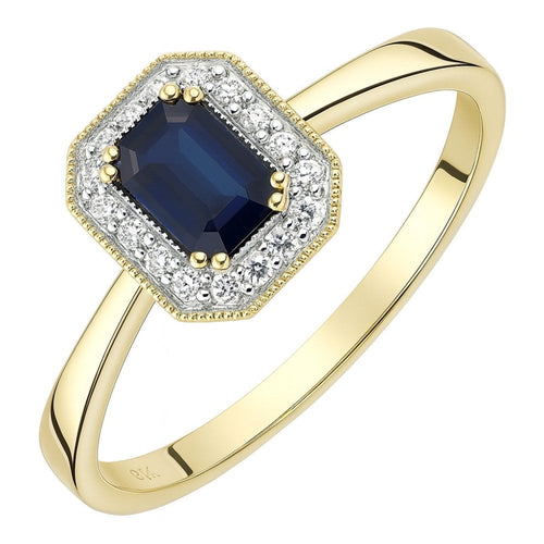 Octagon Blue Sapphire and Diamond Halo Ring 9ct Yellow Gold | Prime Jewellery