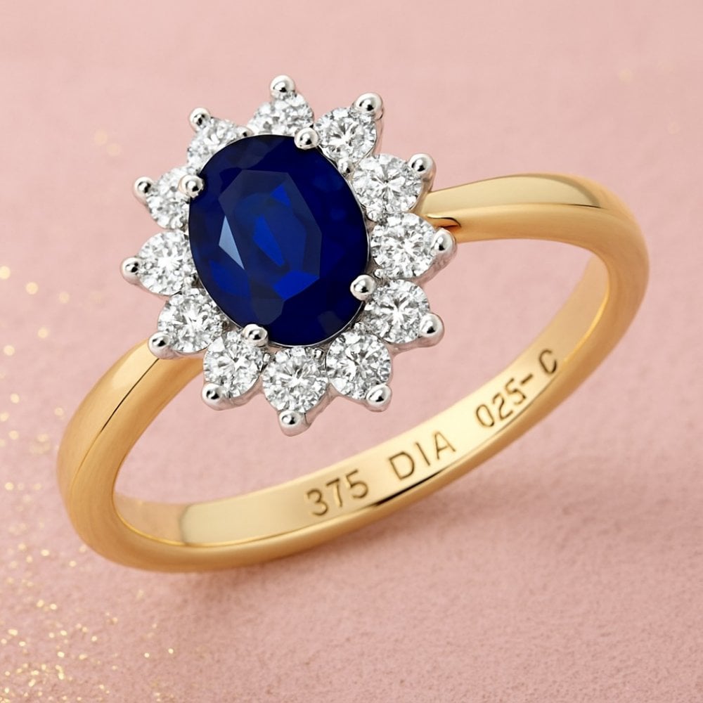 1.34 Ct Oval Natural Blue Sapphire and Diamond Halo Ring in 9ct Yellow Gold