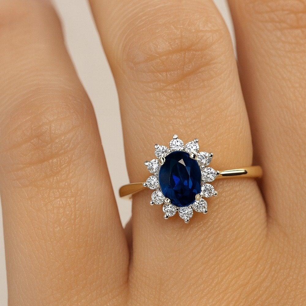 1.34 Ct Oval Natural Blue Sapphire and Diamond Halo Ring in 9ct Yellow Gold
