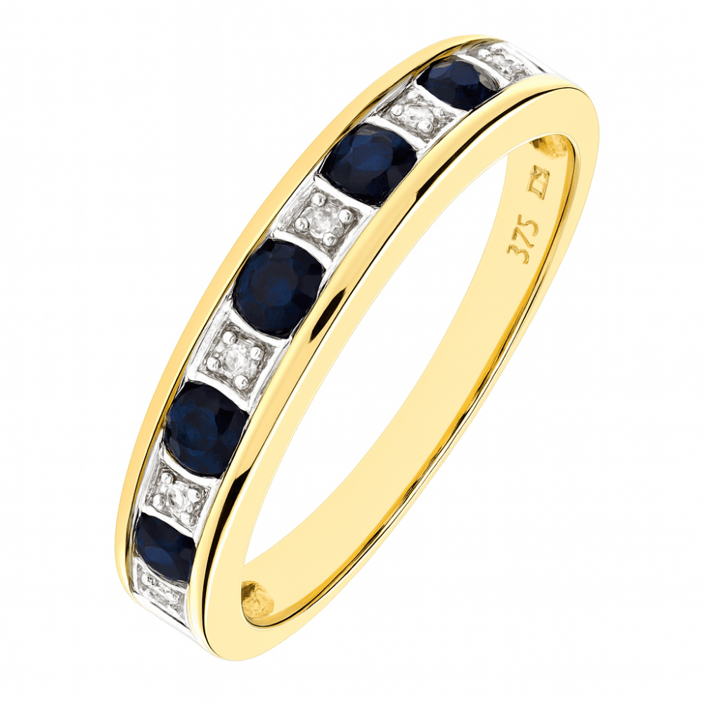 Blue Sapphire and Diamond Half Eternity Ring 9ct Yellow Gold | Prime Jewellery
