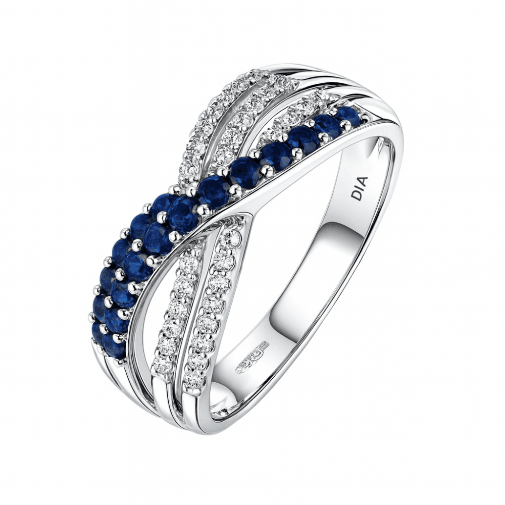 Blue Sapphire and Diamond Crossover Ring 9ct White Gold | Prime Jewellery