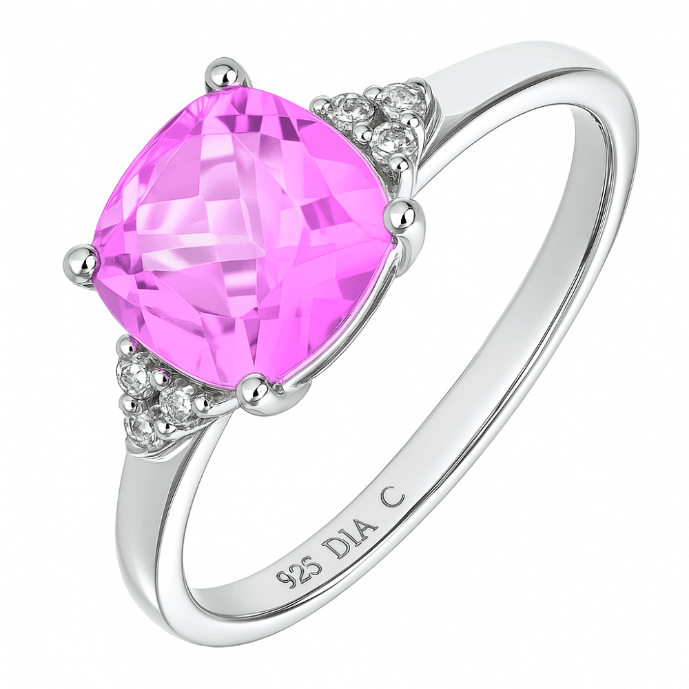 Pink Sapphire and Diamond Cushion Cut Ring 9ct White Gold | Prime Jewellery