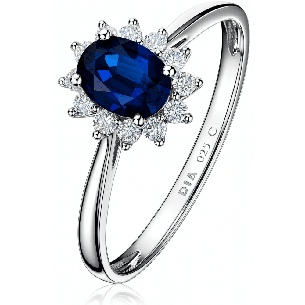 1.34 Ct Oval Natural Blue Sapphire and Diamond Halo Ring in 9ct White Gold