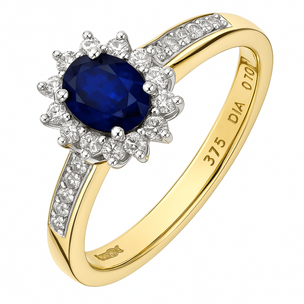 0.62 Ct Oval Natural Blue Sapphire and Diamond Victrian Halo Ring in 9ct Yellow Gold