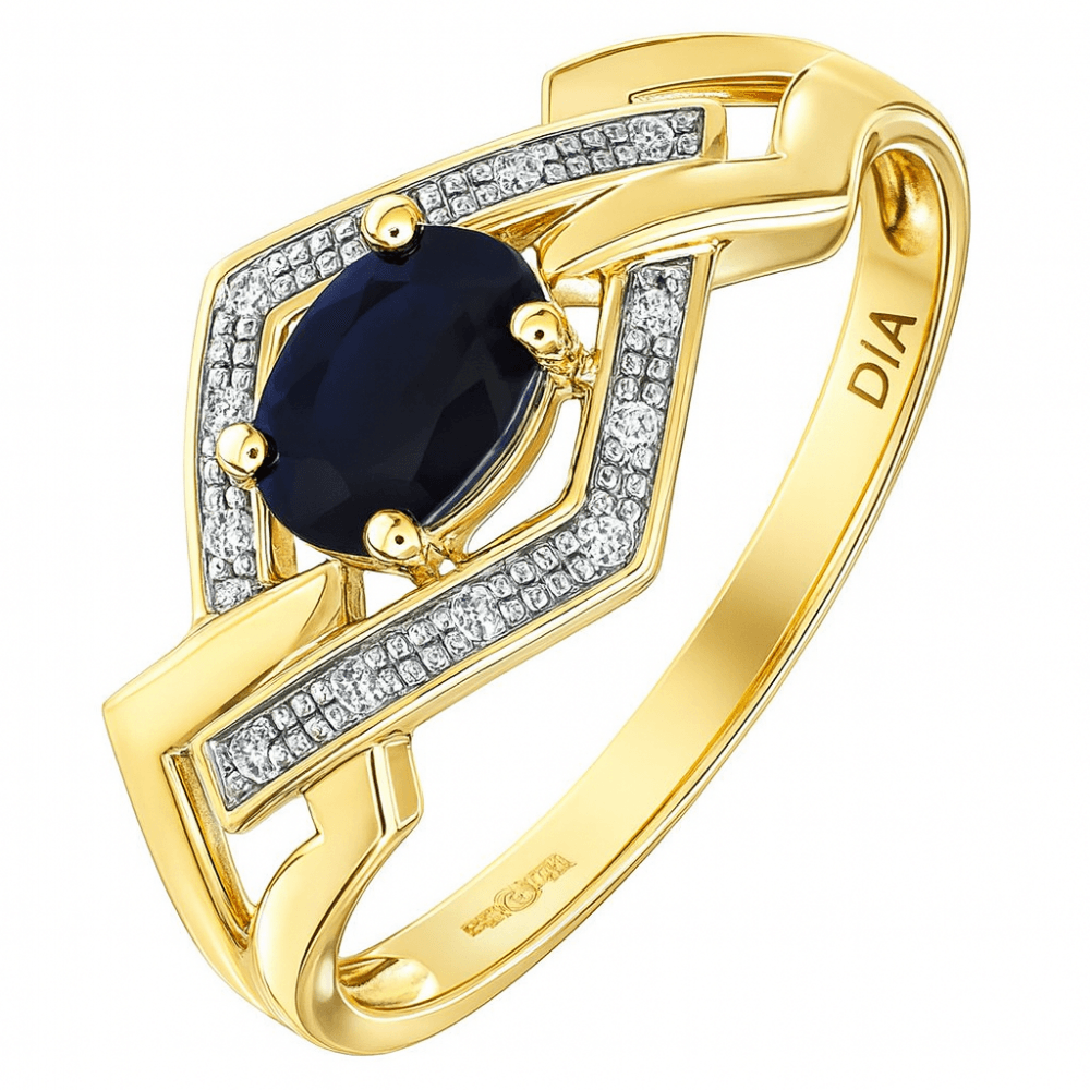 0.7 Ct Oval Natural Blue Sapphire and Diamond Art Deco Ring in 9ct Yellow Gold