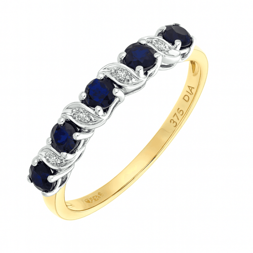 Blue Sapphire and Diamond 5 Stone Half Eternity Ring 9ct Yellow Gold | Prime Jewellery