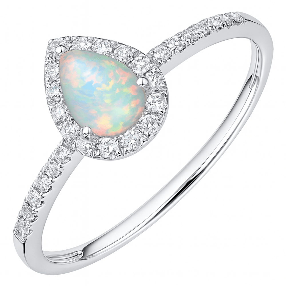 9ct White Gold Pear Opal and Diamond Teardrop Cluster Ring