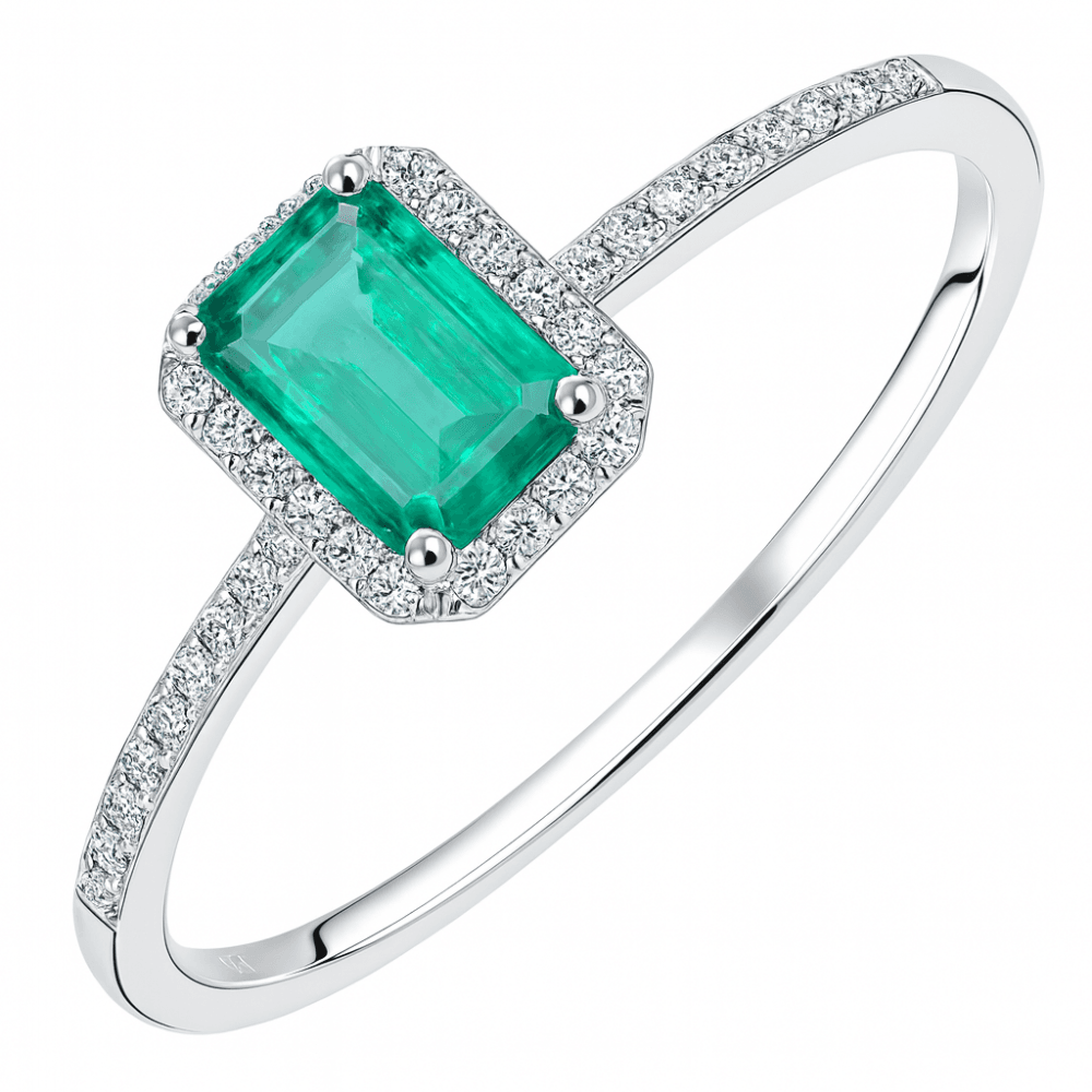 18ct White Gold 0.60ct Octagon Emerald and Diamond Halo Ring