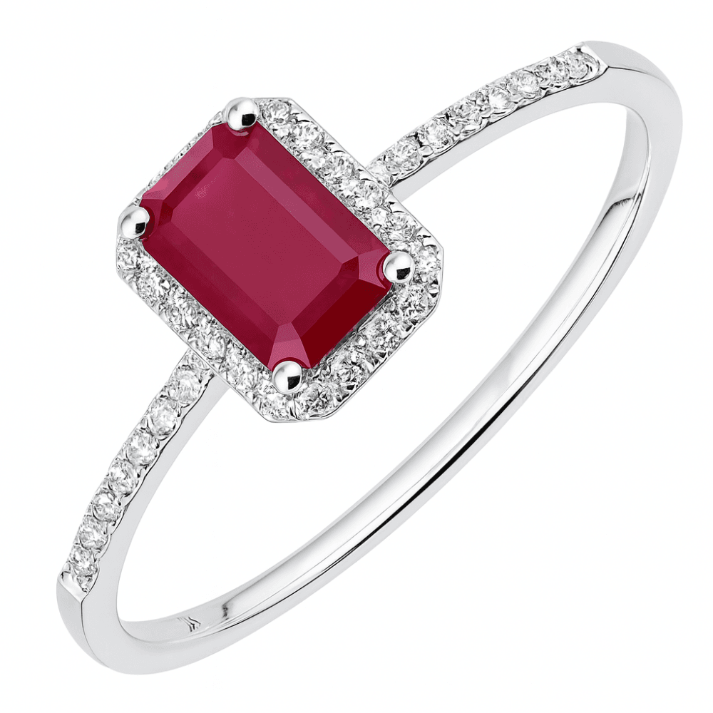 18ct White Gold Octagon Ruby and 0.10ct Diamond Cluster Ring