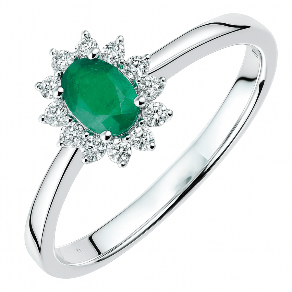 18ct White Gold 0.50ct Oval Emerald and 0.15ct Diamond Starburst Halo Ring