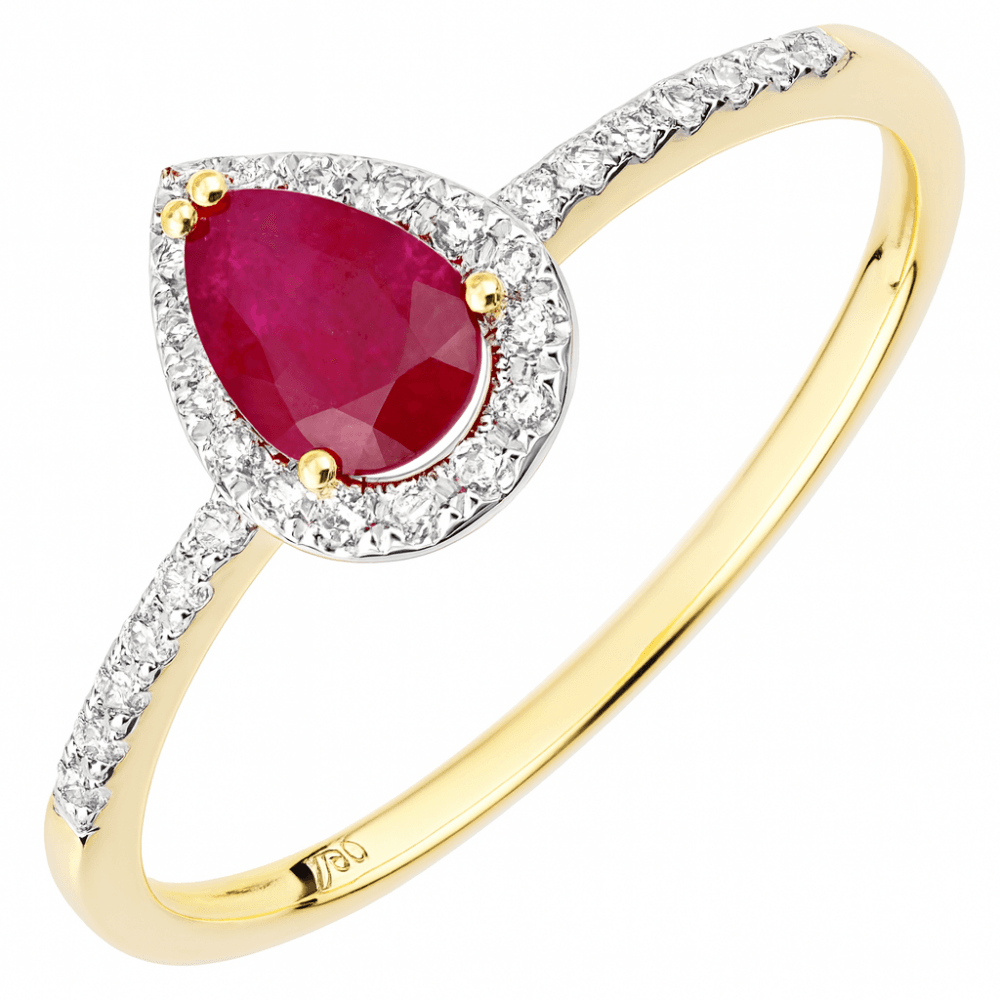 18ct Yellow Gold Pear Ruby and 0.10ct Diamond Teardrop Cluster Ring