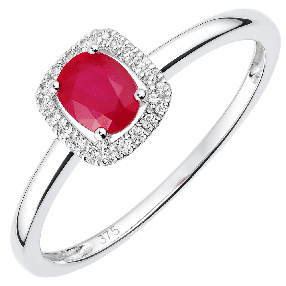 9ct White Gold Oval Ruby and 0.08ct Diamond Cluster Ring