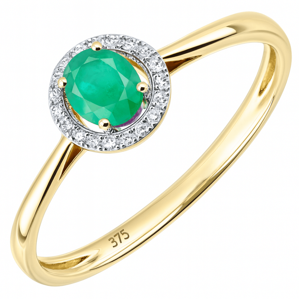 9ct Yellow Gold 0.35 Carat Emerald and Diamond Halo Ring