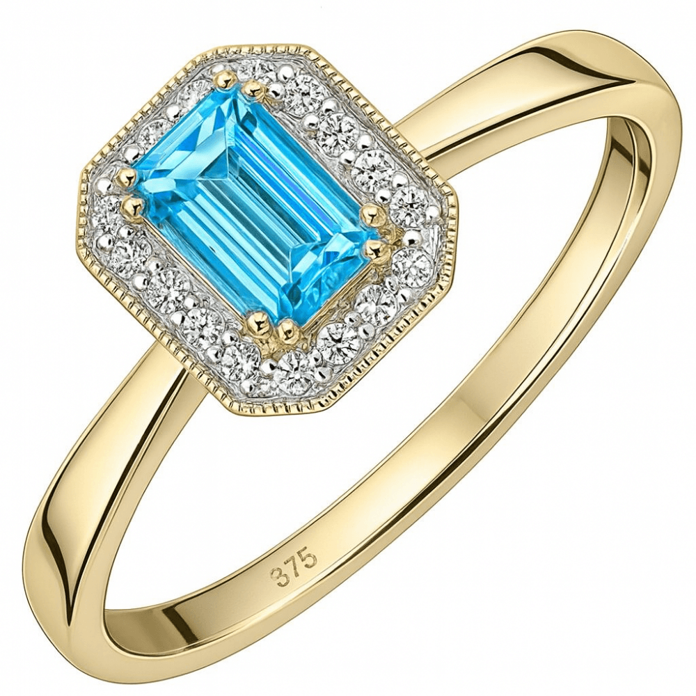 9ct Yellow Gold Sky Blue Topaz and Diamond Octagon Halo Engagement Ring