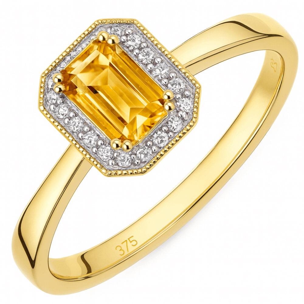 Classic Octagon Citrine and Diamond Halo Ring in 9K Yellow Gold