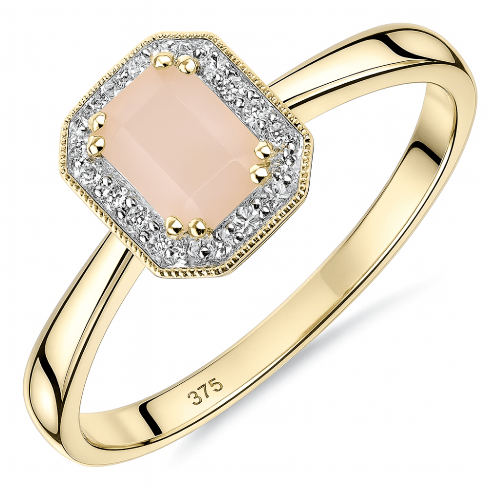 9ct Yellow Gold Octagon Pink Opal and 0.08ct Diamond Cluster Ring