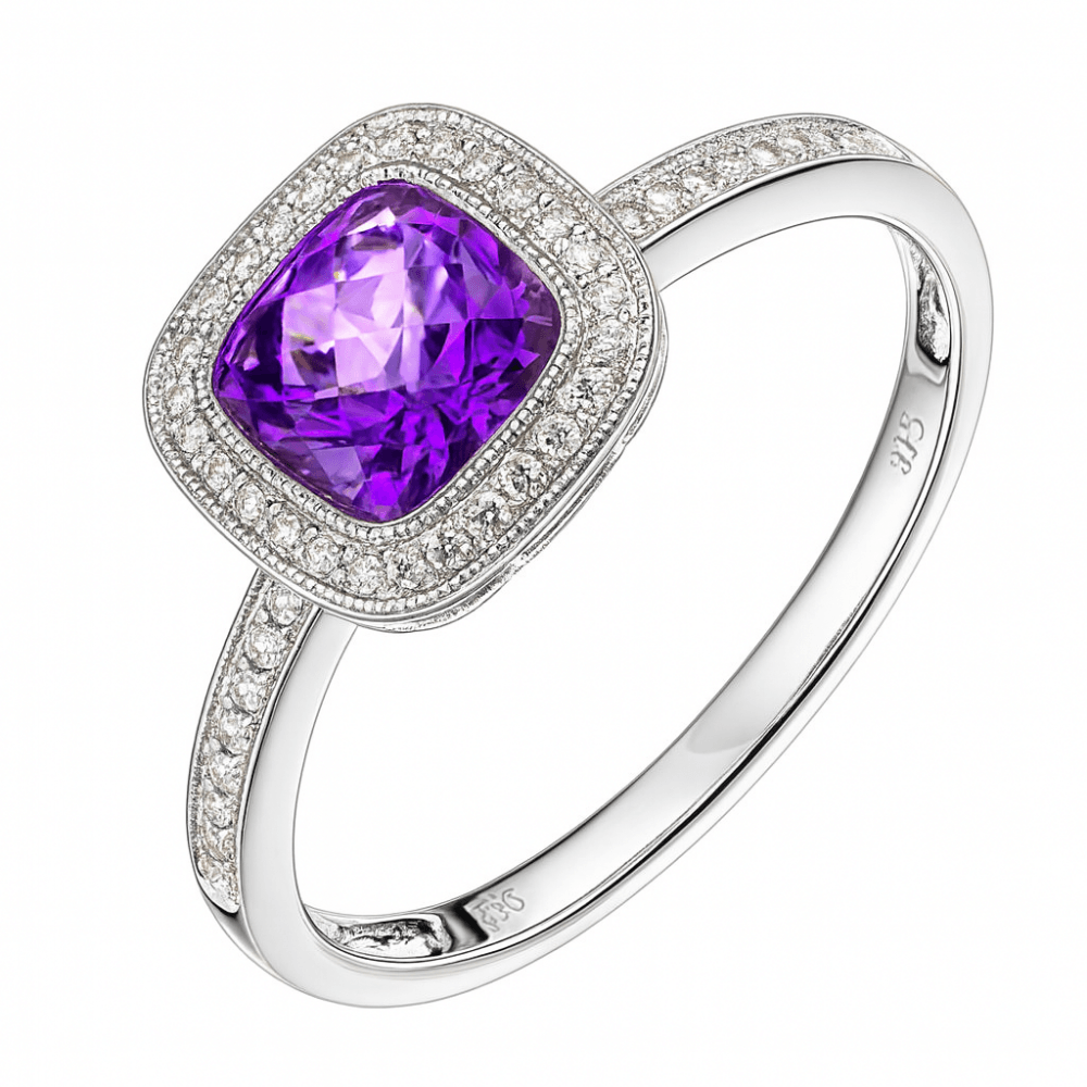 9ct White Gold Cushion Amethyst and 0.13ct Diamond Halo Ring