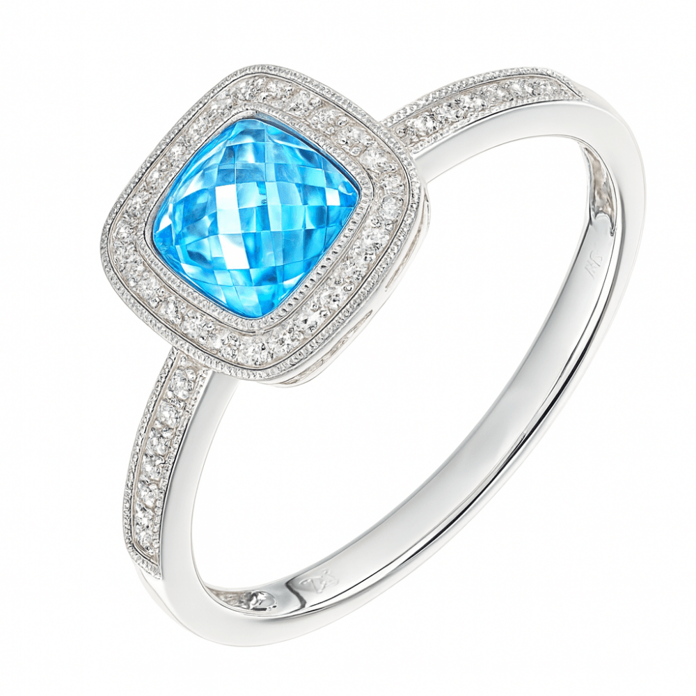 2 Carat Sky Blue Topaz  and Diamond Cushion Halo Engagement Rings in 9ct White Gold