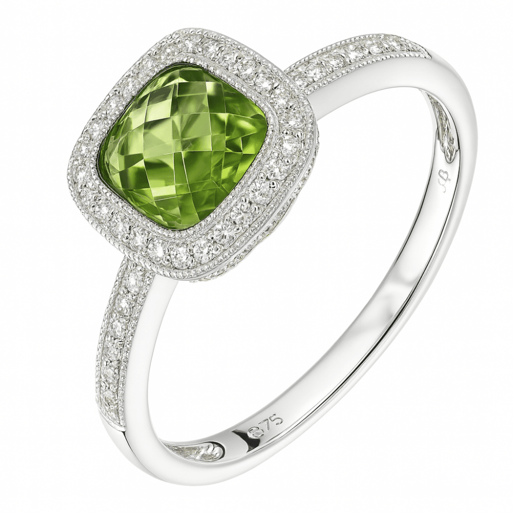 9ct White Gold Cushion Peridot and 0.13ct Diamond Halo Ring