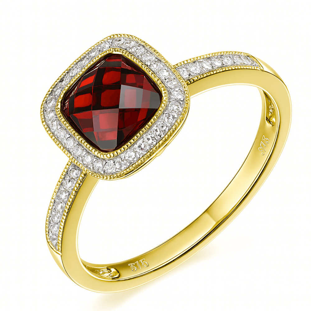 9ct Yellow Gold Cushion Garnet and 0.13ct Diamond Halo Ring