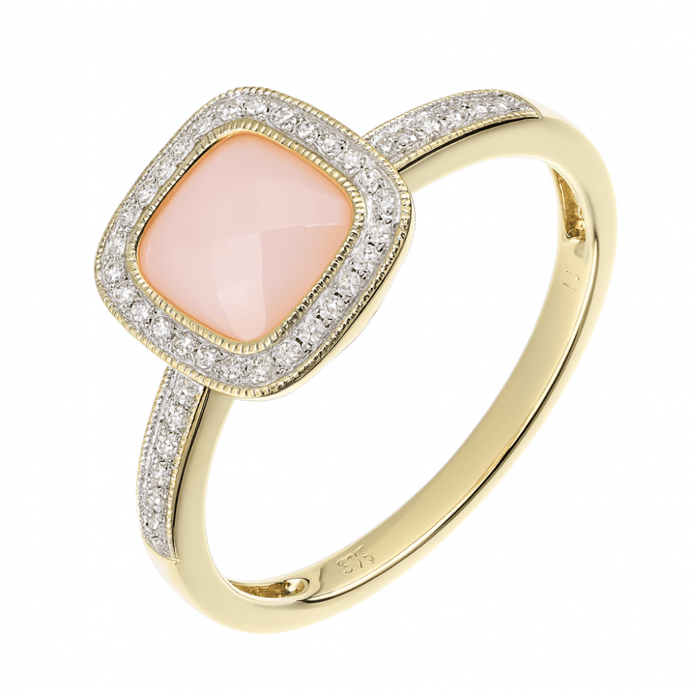 9ct Yellow Gold Cushion Pink Opal and 0.13ct Diamond Halo Ring