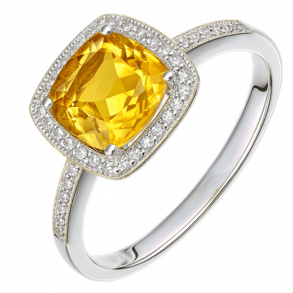 2 Carats Citrine Cushion and Diamond Halo Ring in 9ct White Gold