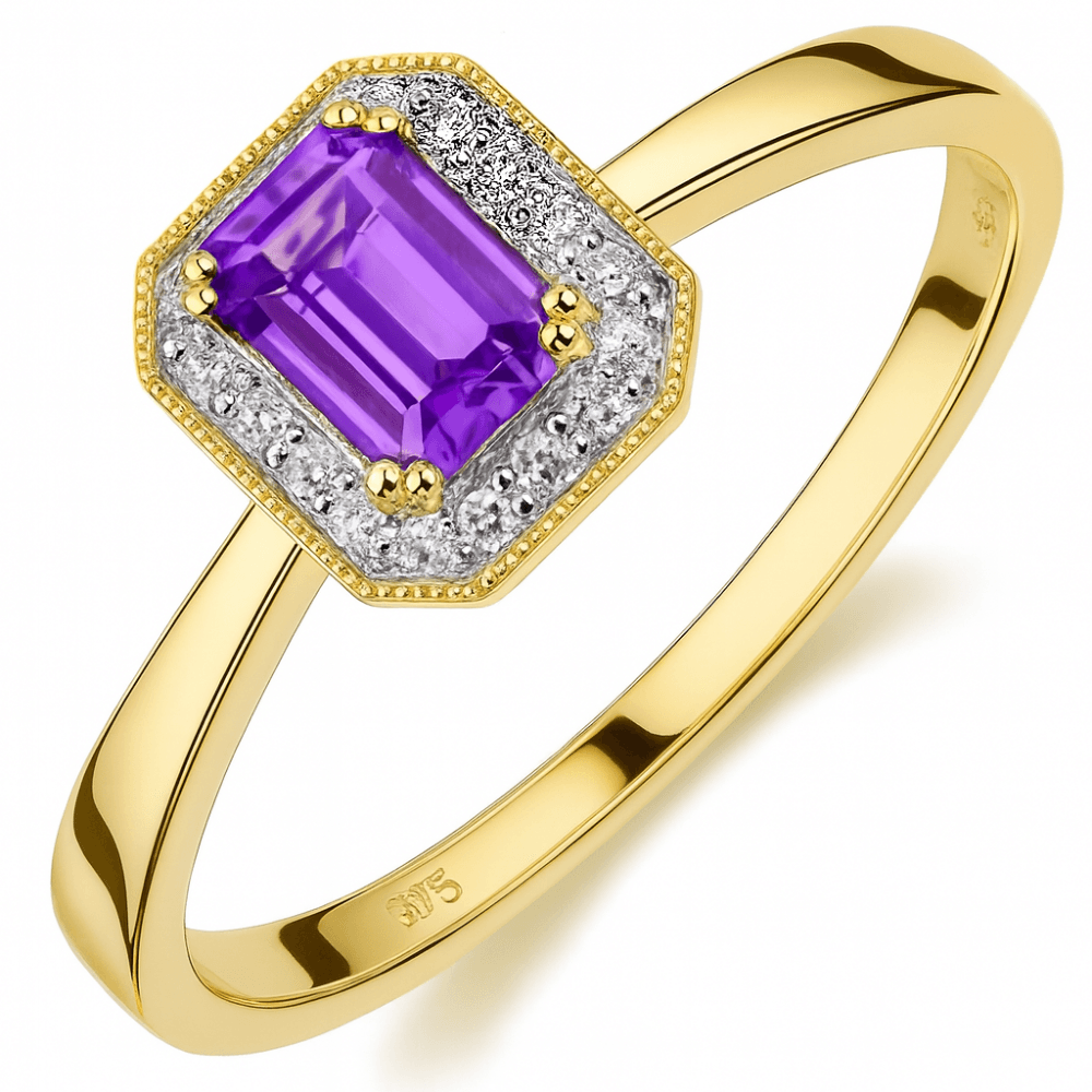 9ct Yellow Gold Octagon Amethyst and 0.08ct Diamond Cluster Ring