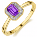 9ct Yellow Gold Octagon Amethyst and 0.08ct Diamond Cluster Ring