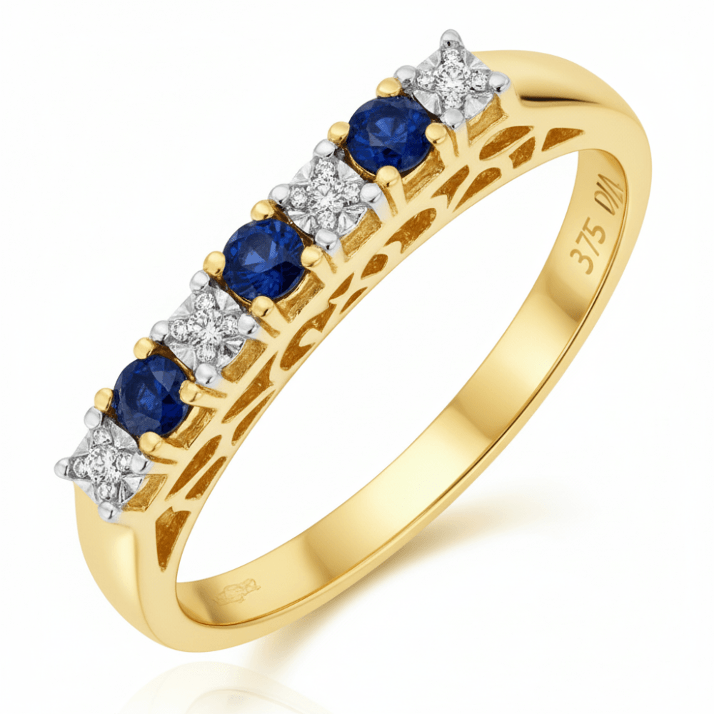 Round Natural Blue Sapphire and Diamond 7 Stone Half Eternity Ring in 9ct Yellow Gold