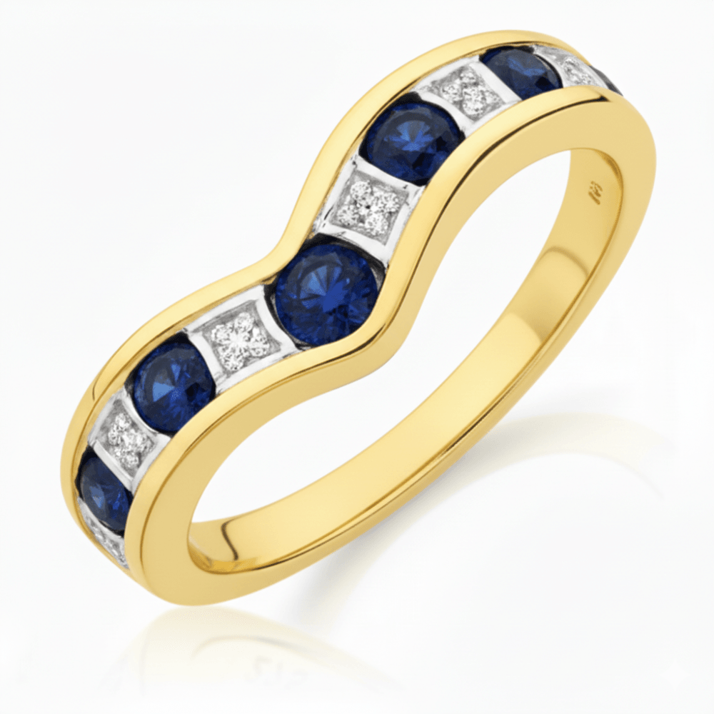 Round Natural Blue Sapphire and Diamond Wishbone Ring in 9ct Yellow Gold
