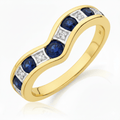 Round Natural Blue Sapphire and Diamond Wishbone Ring in 9ct Yellow Gold