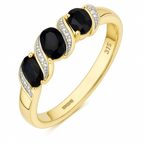 Oval Blue Sapphire and Diamond Infinity Trilogy Ring 9ct Yellow Gold | Prime Jewellery