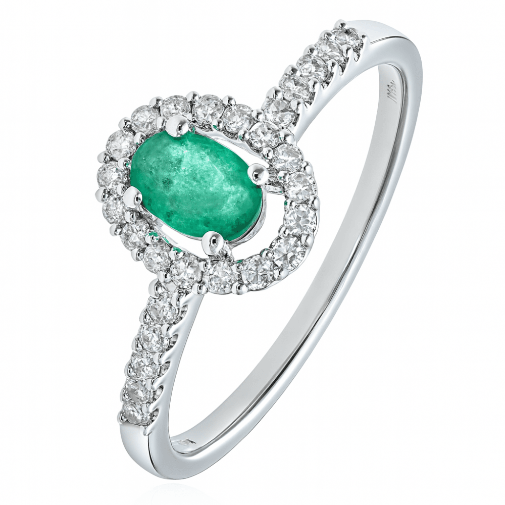 Oval Emerald and Diamond Halo Ring 9ct White Gold | Prime Jewellery