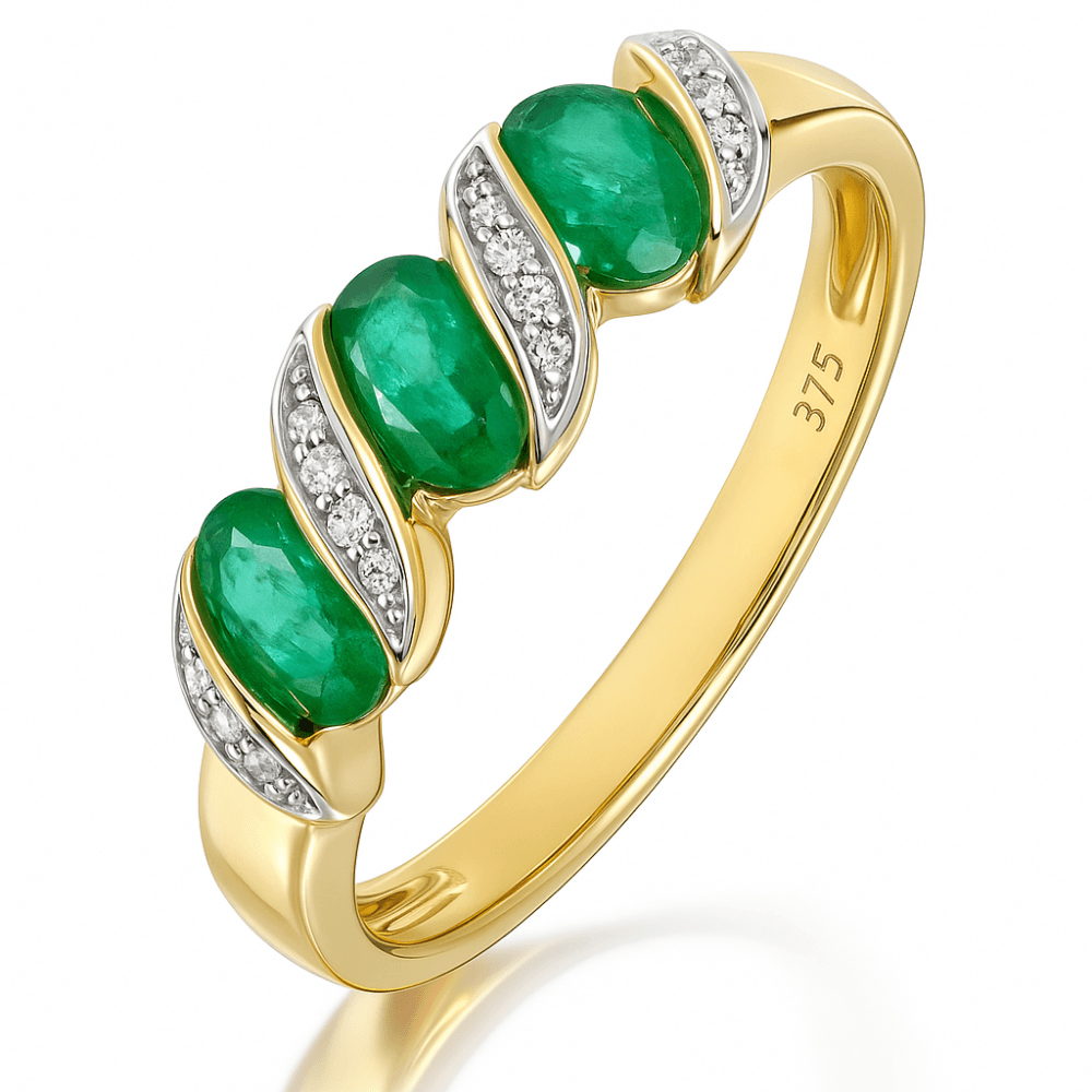 Oval Emerald and Diamond Trilogy Ring 9ct Yellow Gold | Prime Jewellery