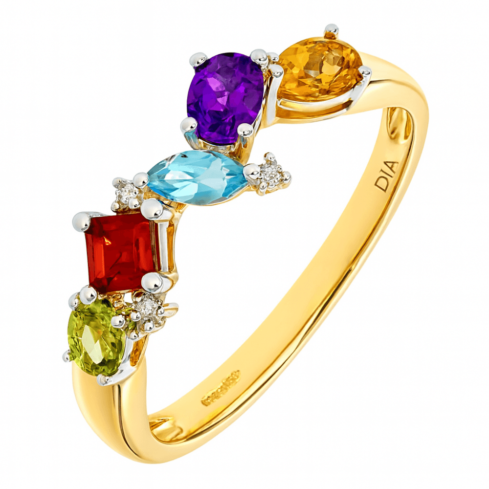 9ct Yellow Gold 0.02ct Diamond and Multi Gem Stone Ring