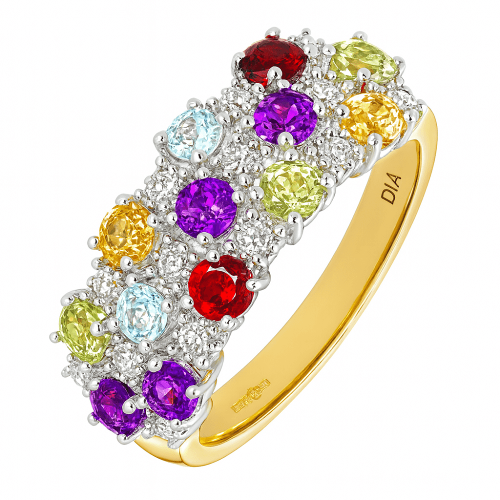 Diamond and Multi Gem Stone Dress Ring 9ct Yellow Gold | Prime Jewellery